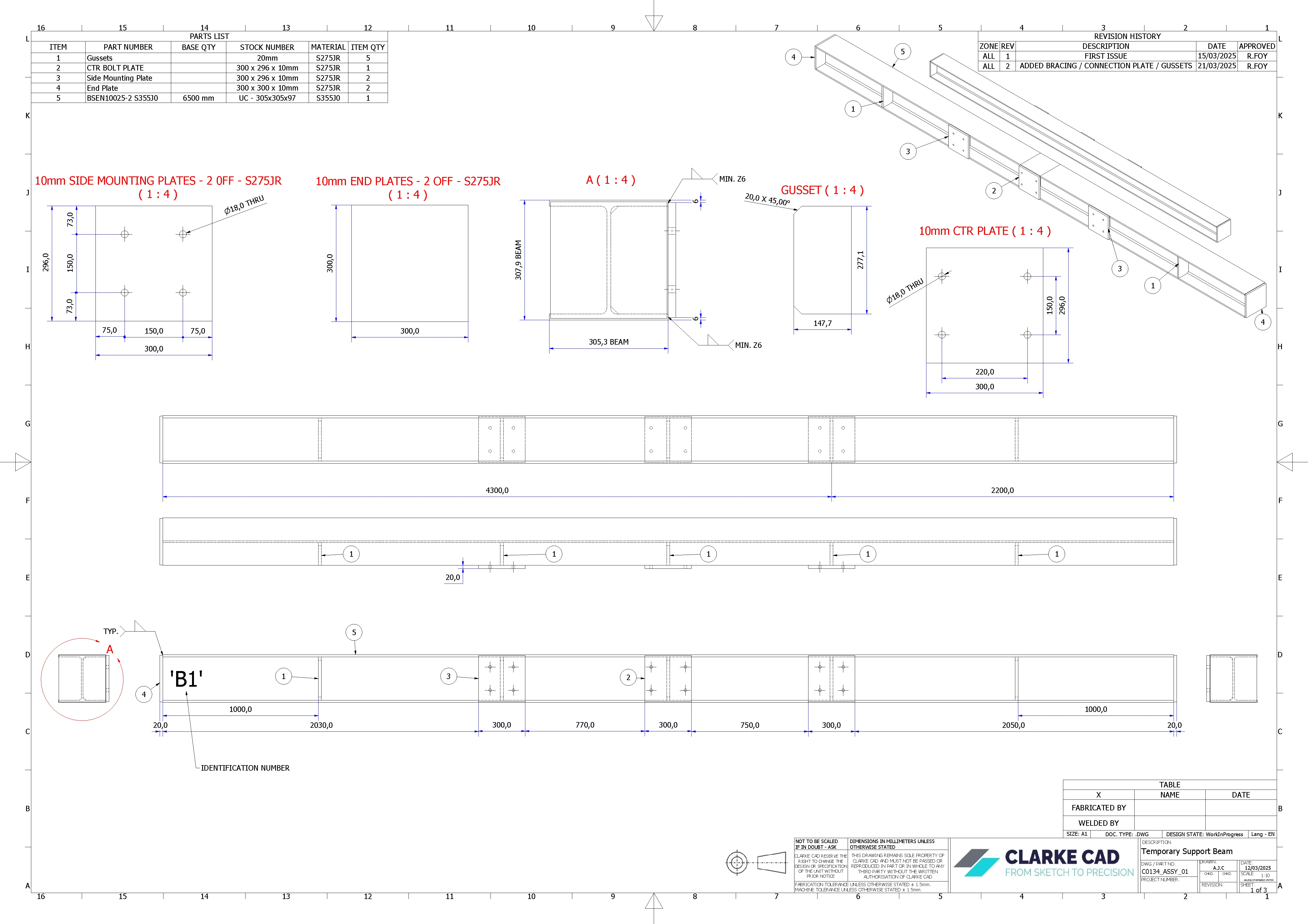 Technical drawing sheet showing part and plate details for a steel support assembly.