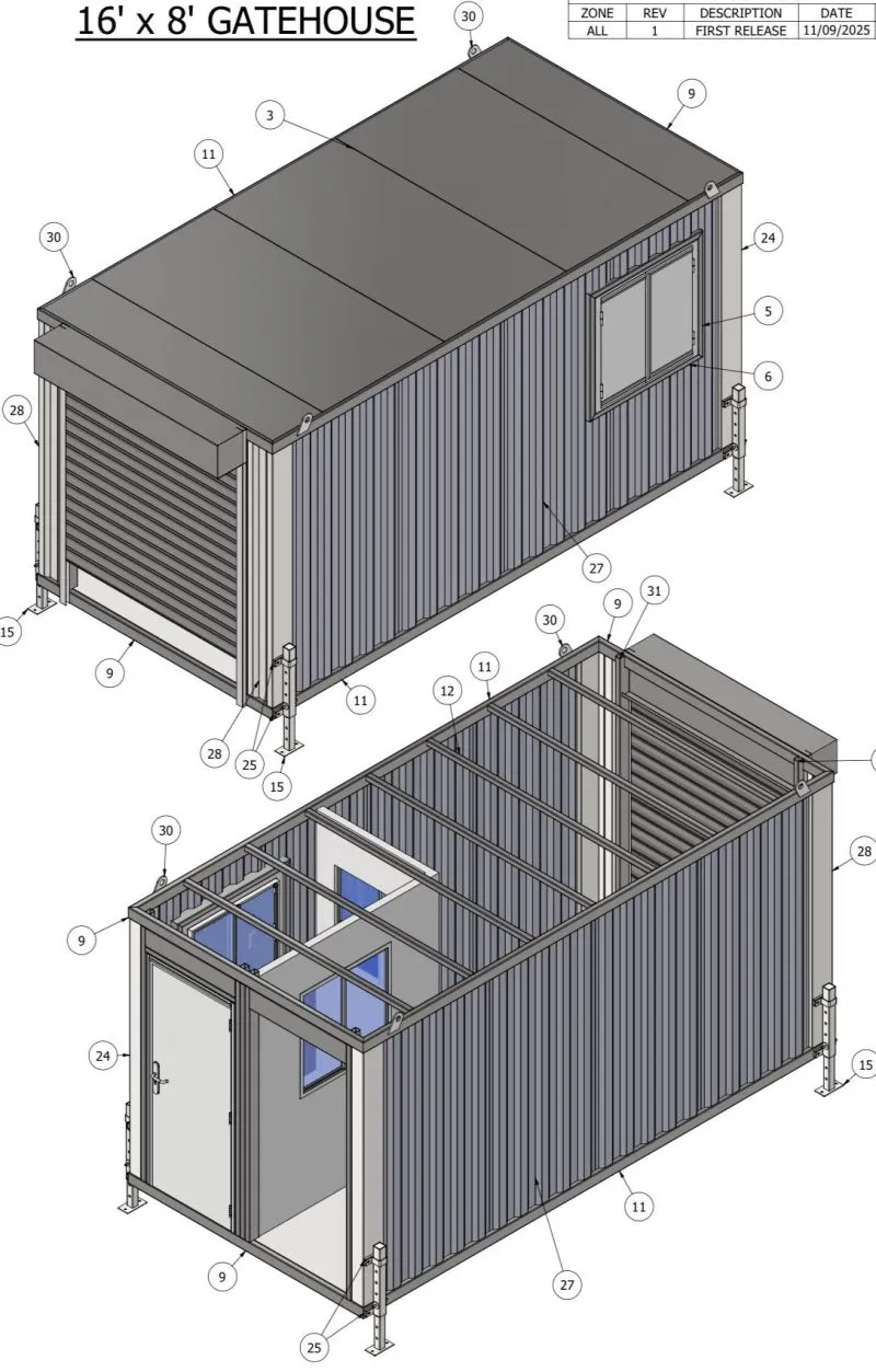 Exploded gatehouse drawing view labelled 16 foot by 8 foot with framing and support details.