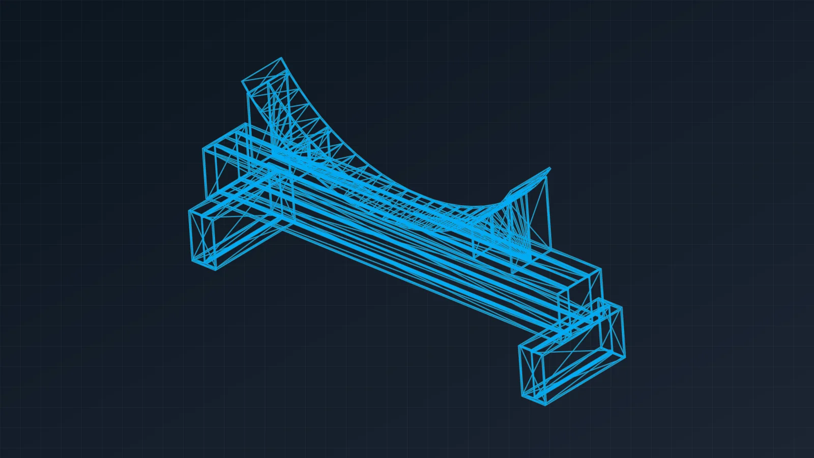 Cyan CAD wireframe model of a duct saddle support assembly.